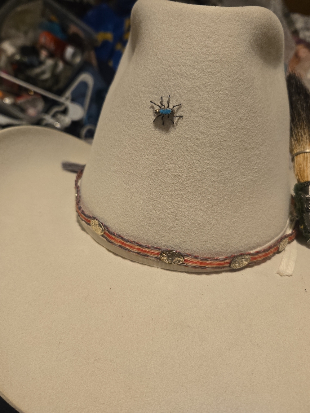 Stetson White Felt Hat with Black-Brown Brush Accent and Grey And Pink Trim - Picture 3 of 8